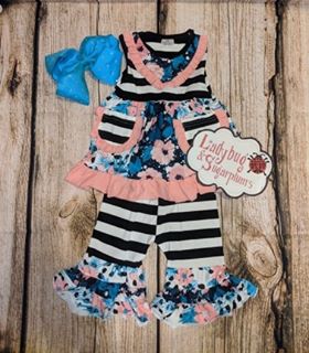 Navy-Coral Ruffle Pant Boutique Outfit