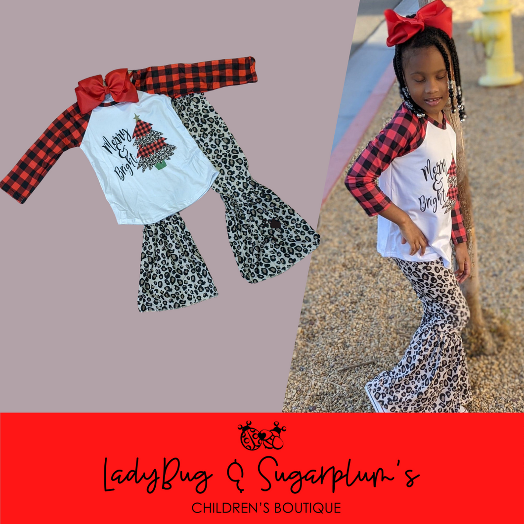 Merry and Bright Cheetah Print Buffalo Plaid Bell Outfit