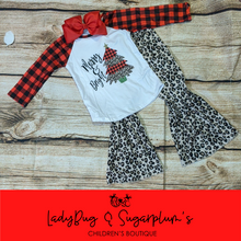 Load image into Gallery viewer, Merry and Bright Cheetah Print Buffalo Plaid Bell Outfit
