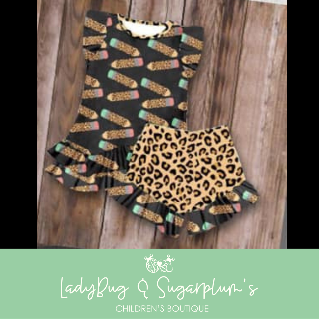 Wild About School Leopard Pencil Ruffle Short Set