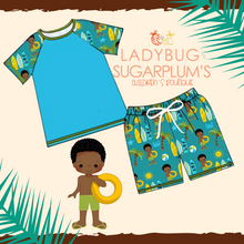 Load image into Gallery viewer, Brown Sugar Surfer Boys&#39; Rash Guard &amp; Trunks

